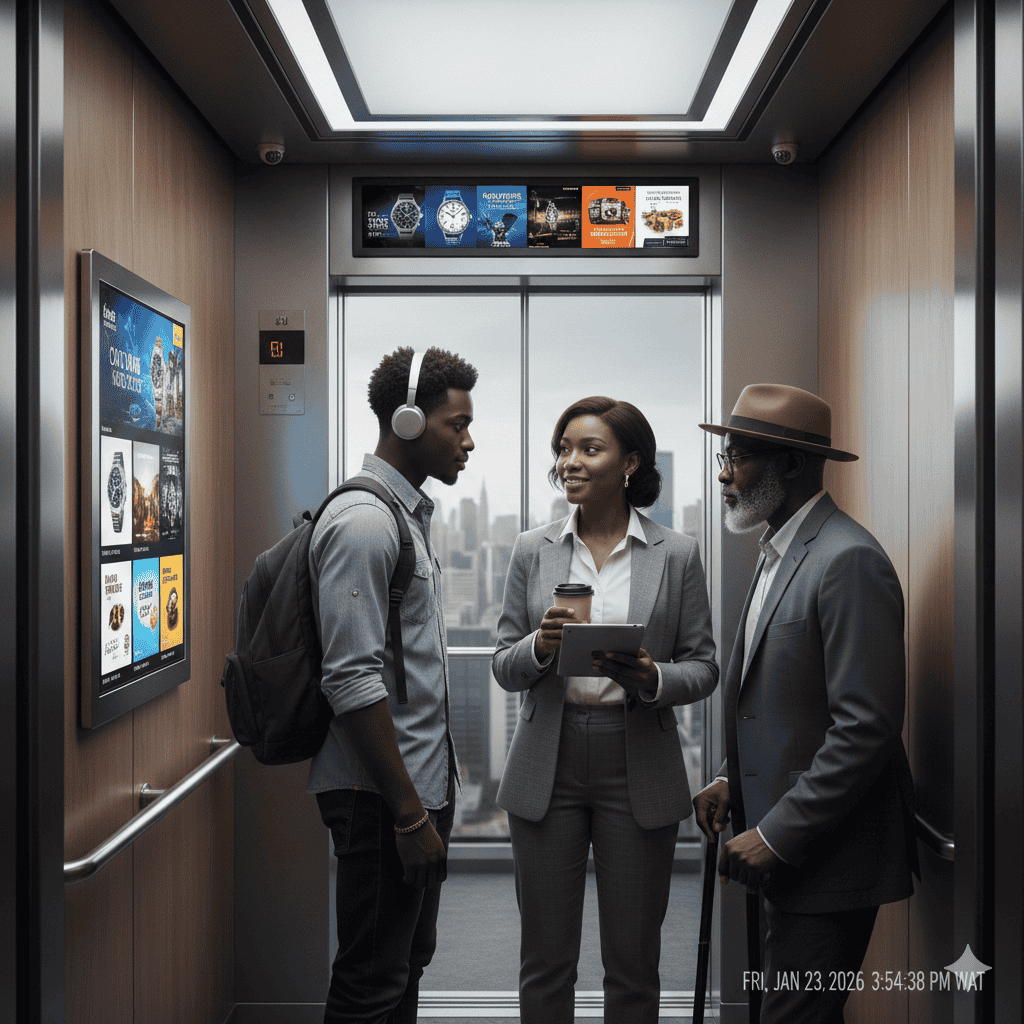 Tela YBox instalada em elevador